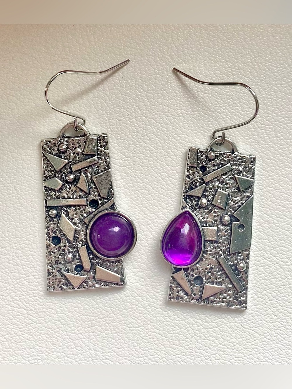 Silver Tone Rectangular Earrings with Purple Cabochon Accent